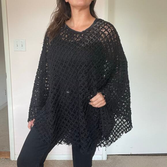 Couleurs du Monde Black Crochet Poncho Sweater Oversized Boho Free Size - Picture 2 of 4